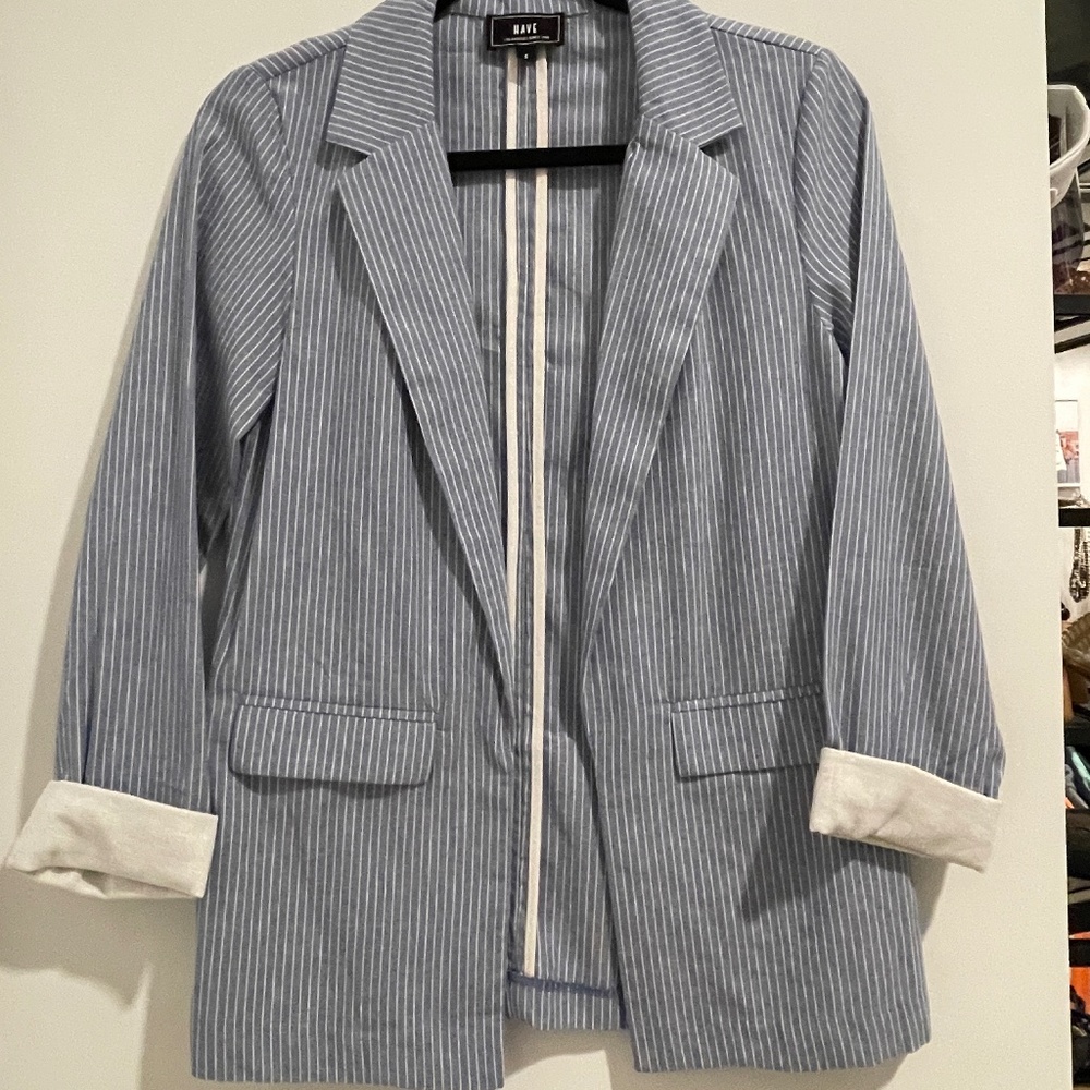 White Pinstripe Blue Blazer